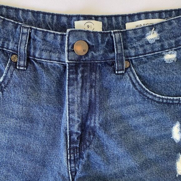 Cotton On Mid Saturday Denim Shorts Women 4 Dark  Roll Cuff Distressed Festival - Picture 3 of 8